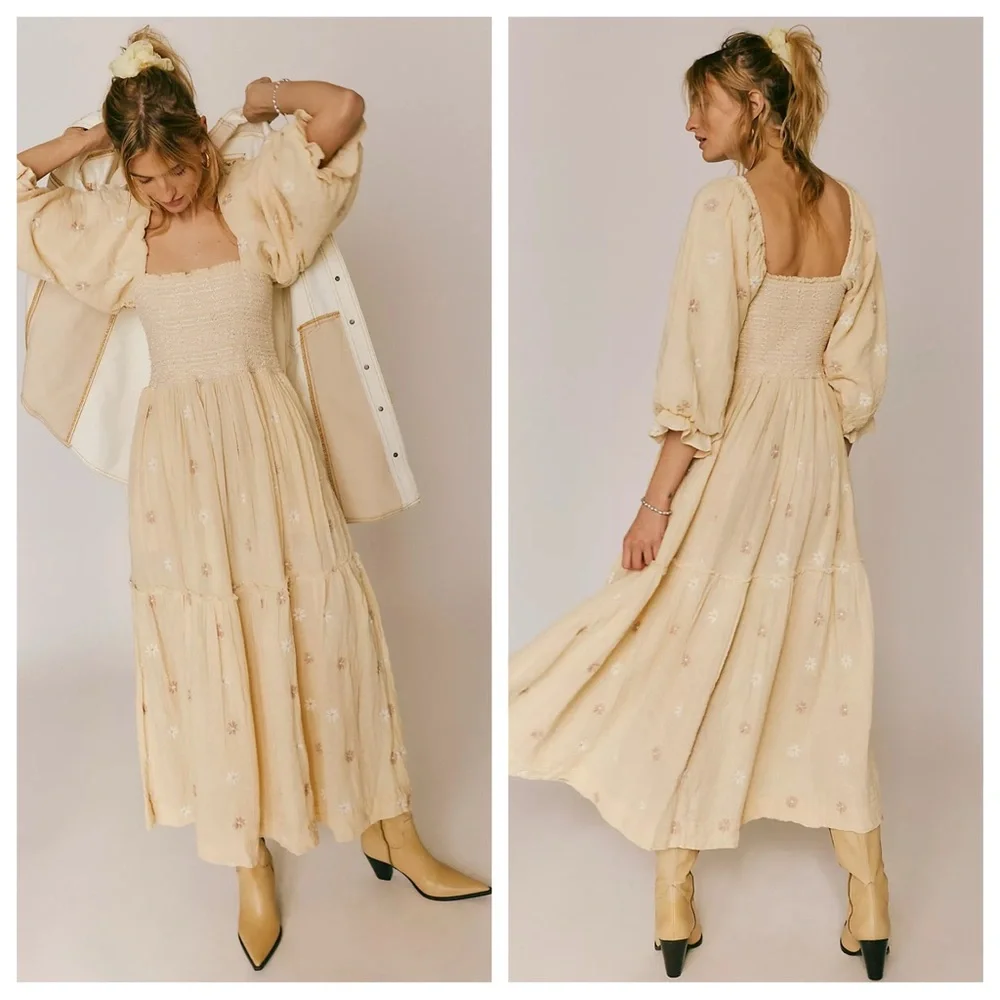 Free People Dahlia Embroidered Maxi Dress in Pearl Island